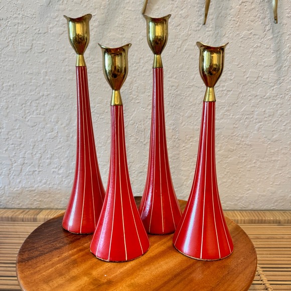 Vintage Rare Red Serv Wood Candlestick Holders Set of 4 | MCM Danish Modern - Picture 4 of 10